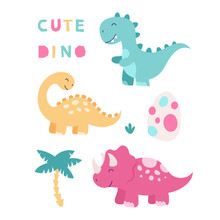Set Of Cute Isolated Dinosaurs. Triceratops, Brontosaurus, Tyrannosaurus, Egg, Tropical Leaves. Vector Illustration For Children On A White Background.