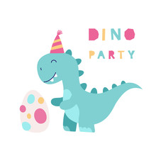Cute Tyrannosaurus, Party Invitation Dinosaur, Card Birthday, Banner. Vector Illustration On A White Background For Children.