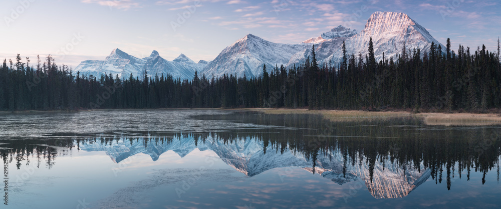 Almost nearly perfect reflection of the Rocky mountains in the Bow River. Near Canmore, Alberta Canada. Winter season is coming. Bear country. Beautiful landscape background concept. - obrazy, fototapety, plakaty 