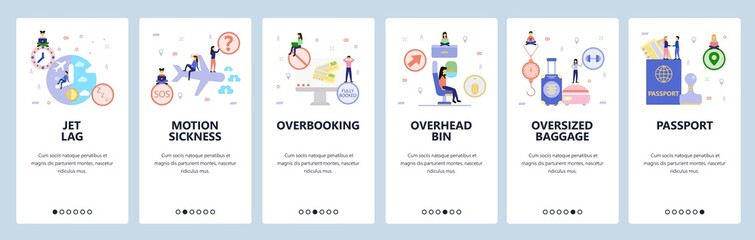 Mobile app onboarding screens. Travel by airplane, jetlag, flight booking, passport, baggage. Menu vector banner template for website and mobile development. Web site design flat illustration