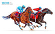 Two racing horses competing with each other. Sport. Champion. Hippodrome. Racetrack. Equestrian. Derby. Speed. Isolated on white background. Vector illustration