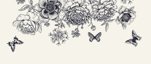 Luxurious Decoration. Garland Of Luxurious Blooming Peonies, Butterflies And Birds.