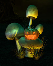 Illustration Of A Halloween Pumpkin Lantern With Carved Face Sitting On A Group Of Giant Mushrooms In A Dark Forest With Spooky Lighting, 3d Digitally Rendered Illustration