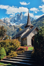 Autumn Mountain Landscape. Les Praz Church In Chamonix Valley, Alps, France.