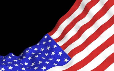 Waving flag of the United States of America on a dark background. Stars and Stripes. State symbol of the USA. 3D illustration