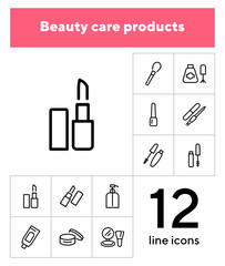 Poster - Beauty care products line icon set. Lipstick, nail polish, cream, mascara. Cosmetology concept. Can be used for topics like makeup, beautician, cosmetics