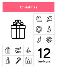 Poster - Christmas line icon set. Gift, angel, fir tree, candle. Celebration concept. Can be used for topics like holiday, vacation, decoration