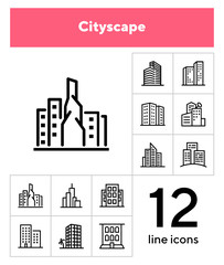 Sticker - Cityscape line icon set. Set of line icons on white background. Architecture concept. Building, skyscraper, architecture. Vector illustration can be used for topics like apartment, estate, downtown