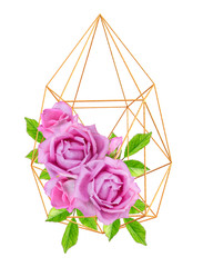 Flower composition. Bouquet of beautiful realistic pink roses isolated on a white background, gold frame geometric shape