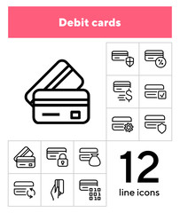 Poster - Debit cards line icon set. Set of line icons on white background. Banking concept. Credit card, payment, economy. Vector illustration can be used for topics like economy, modern, payment
