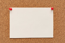 Note Paper Swith Push Pins On Cork Board. Empty Paper Pages For Notes Copy Space