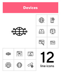 Sticker - Devices line icon set. Set of line icons on white background. Globe, internet, gadget. Technology concept. Vector illustration can be used for topics like connection, progress