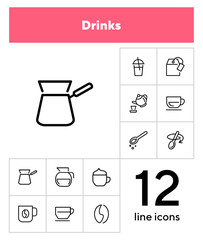 Wall Mural - Drinks line icon set. Set of line icons on white background. Meal concept. Teapot, coffee, lemonade. Vector illustration can be used for breakfast, kitchen, cooking