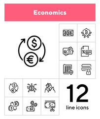 Wall Mural - Economics line icon set. Currency, bitcoin, cash, credit card. Business concept. Can be used for topics like finance, conversion, banking