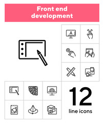 Poster - Front end development icon set. Line icons collection on white background. Palette, gadget, interface. Graphic design concept. Can be used for topics like technology, screen, drawing