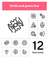 Poster - Grids and gears line icons. Set of line icons on white background. Technology concept. Control, internet, machinery. Vector illustration can be used for topics like machinery, progress, industry