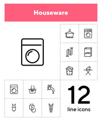 Poster - Houseware line icon set. Set of line icons on white background. Iron, electricity, washing machine. Household concept. Vector illustration can be used for topics like house, home, technics