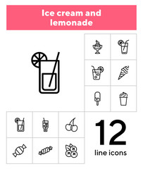 Wall Mural - Ice cream and lemonade icons. Set of line icons on white background. Confectionery concept. Vector illustration can be used for topics like sweet, cafe, confectionery shop