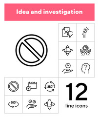 Poster - idea and investigation icons. set of line icons on white background. idea, human, study. science and