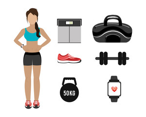 Sticker - woman with set icons fitness vector illustration design