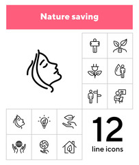 Wall Mural - Nature saving line icon set. Set of line icons on white background. Ecology concept. Leaf, person, battery, energy. Vector illustration can be used for topics like environment, ecology