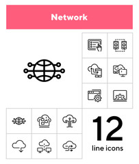 Poster - Network line icon set. Set of line icons on white background. Laptop, setting, file, downloading. Internet concept. Vector illustration can be used for topics like technology, internet, web