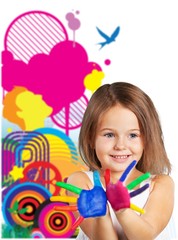 Wall Mural - Little girl showing painted hands on  background