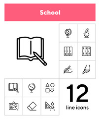 Poster - School line icon set. Microscope, globe, cabins. Education concept. Can be used for topics like biology, geometry, geography