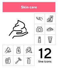 Poster - Skincare icon. Set of line icons on white background. Hand cream, body lotion, shaving razor. Beauty products concept. Vector illustration can be used for topics like beauty, cosmetics, bodycare