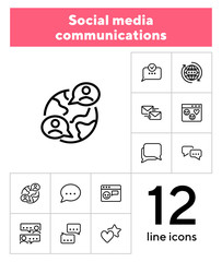 Aufkleber - Social media communications line icon set. Set of line icons on white background. Chatting, message, typing. Internet concept. Vector illustration can be used for topics like web, communication