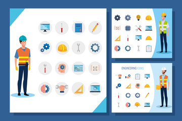 Sticker - engineer men with set icons working vector illustration design