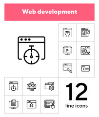 Poster - Web development icons. Set of line icons on white background. Homepage, setting folder, webinar. Computer using concept. Vector illustration can be used for topic like internet, technology, web design