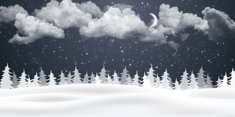Christmas night background with clouds, moon and falling snow. Winter landscape. Vector illustration