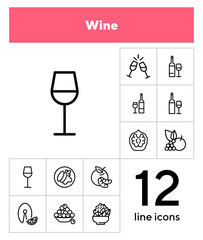 Wall Mural - Wine line icon set. Set of line icons on white background. Drinking concept. Grape, fruit, bottle. Vector illustration can be used for topics like food, restaurant, cafe