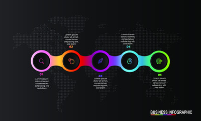 Fototapete - Infographics design template black background with 5 steps or options, can be used for workflow layout, diagram, annual report, web design, Creative banner, label vector. Info Graph