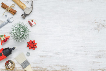 merry christmas and happy new years handy constrcution tools background concept. handy house fix diy