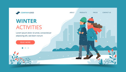 Couple walking in in winter. Landing page template. Cute vector illustration in flat style.