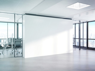 Poster - Blank white wall in concrete office with large windows Mockup 3D rendering