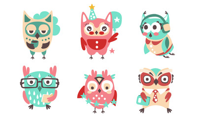 Canvas Print - Set of cartoon stylish owls. Vector illustration.