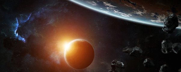 Leinwandbilder - Distant planet system in space with exoplanets 3D rendering elements of this image furnished by NASA