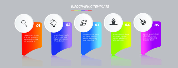 Fototapete - Infographics design template with 5 steps or options, can be used for workflow layout, diagram, annual report, web design, Creative banner, label vector. Info Graph