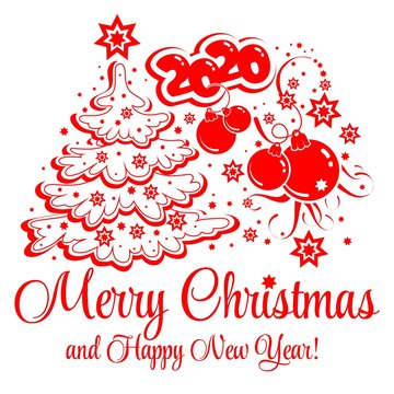 Christmas card with Christmas tree, balls, stars and congratulations in red with calligraphic font. Illustration, vector
