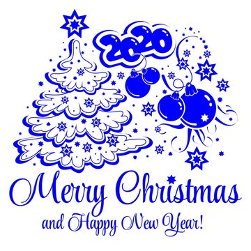Christmas card with Christmas tree, balls, stars and congratulations in blue with calligraphic font. Illustration, vector