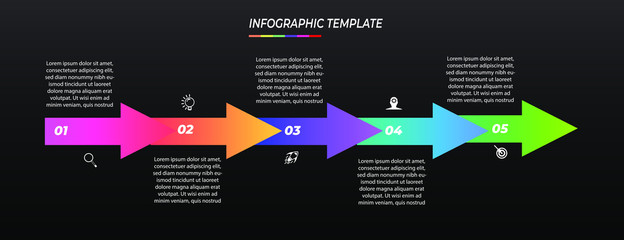 Fototapete - Infographics design template black background with 5 steps or options, can be used for workflow layout, diagram, annual report, web design, Creative banner, label vector. Info Graph