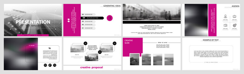 Business presentation template, pink and black infographic elements on white background. Business trip around the city. Vector slide, business project presentation and marketing, monitor computer