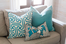 Cozy Beach House Living Room With Blue Decorative Pillows