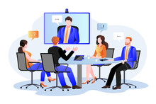 Group Of Businesspeople At The Video Conference Call. Vector Flat Cartoon Illustration. Online Meeting With Director