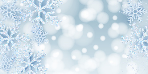 winter abstract blue backdrop with realistic white snow snowflakes. elegant blurry background. vecto