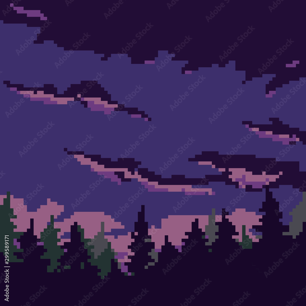 Vector illustration of pine trees. Coniferous forest silhouette template. Pixel art. 8 bit. Night background.