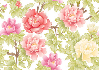 Peony tree branch with flowers in the style of Chinese painting on silk Seamless pattern, background. Colored vector illustration. 
